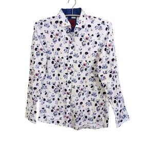 Swade British Design Mens XL Button Up White Floral Print Cotton Long Sleeve